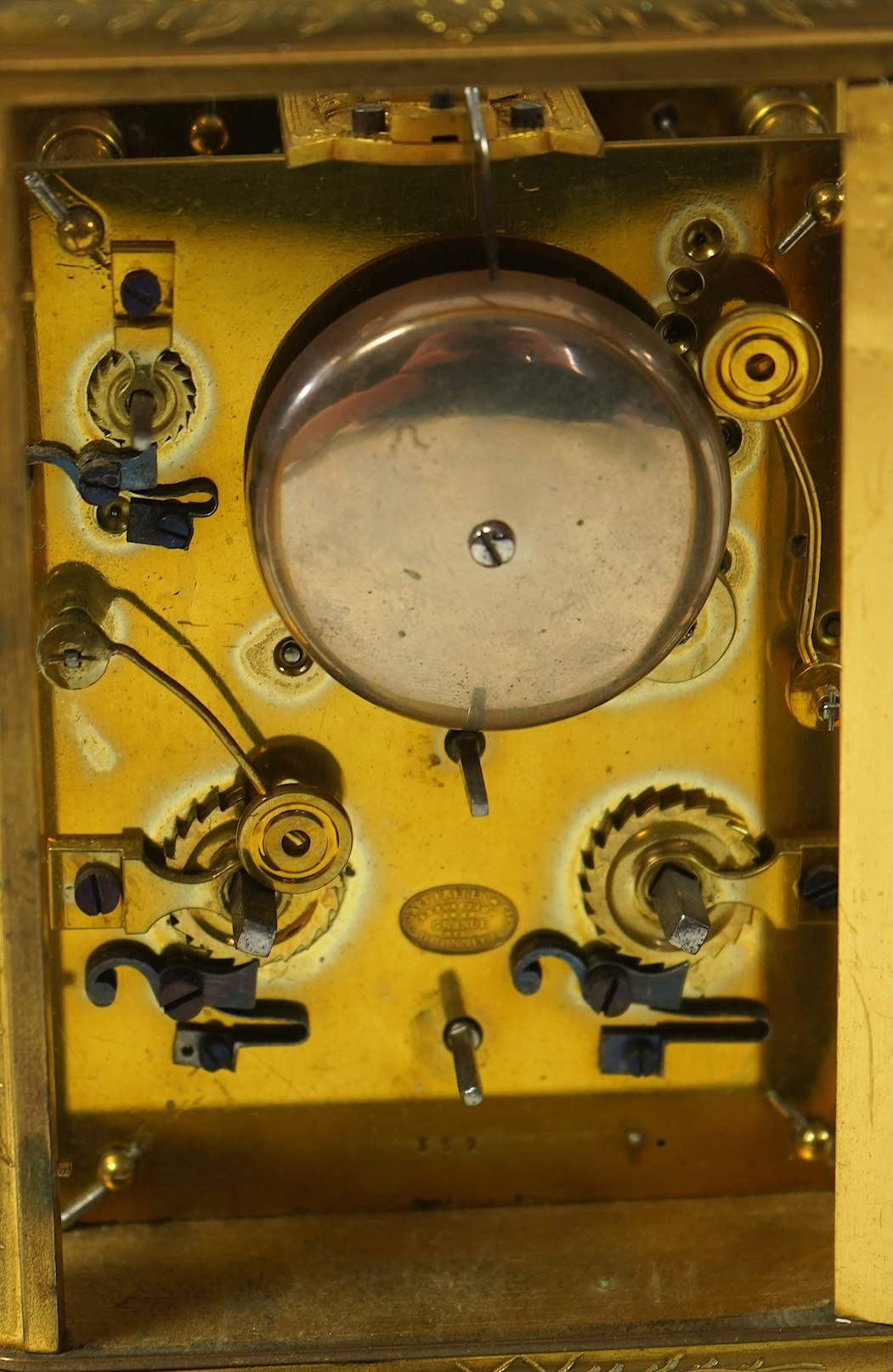 A mid 19th century French gilt brass repeating carriage clock with alarm by Japy Freres